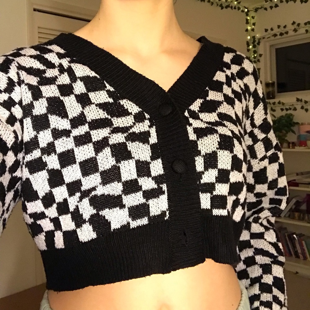checkered knit cardigan